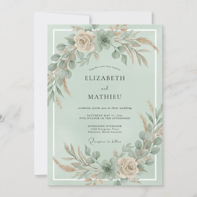 Convites Casamento com Champanhe Menta Pampas Eucalipto (Frente)
