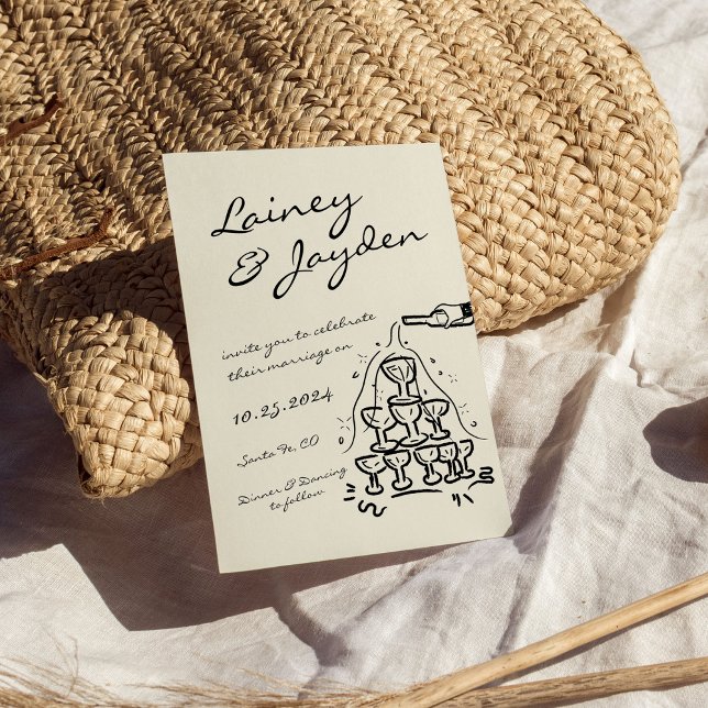 Convites Casamento com Champanhe Moderno Retro Manuscrito (Criador carregado)