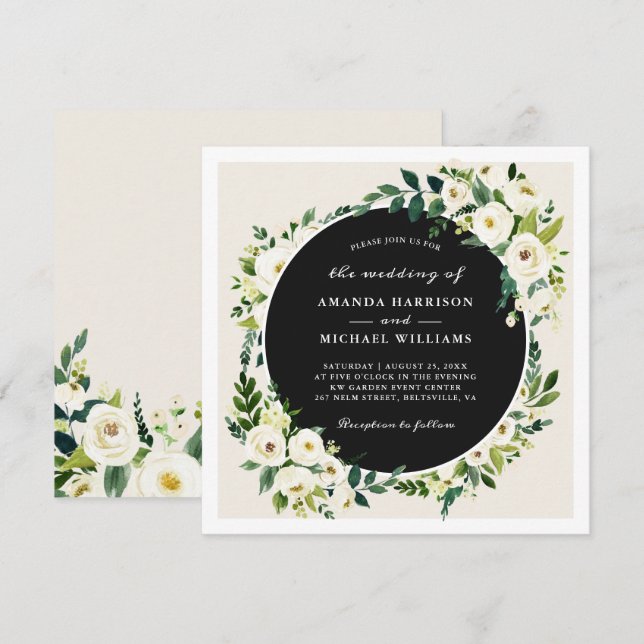 Convites Casamento com Champanhe White Greenery Floral Squa (Frente/Verso)
