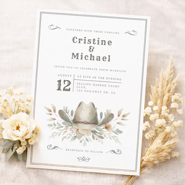 Convites Casamento com chapéu de Cowboy Rústico (Cowboy hat, western wedding invitation in watercolors. Vintage style.)