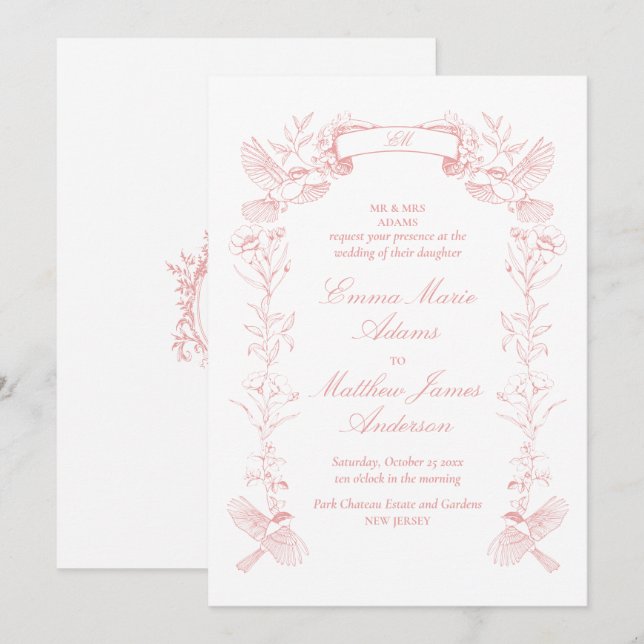Convites Casamento com Chinoiserie Floral Rosa (Frente/Verso)