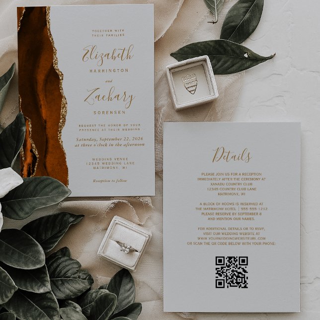 Convites Casamento com Cinza de Código QR de Agate Dourado  (Criador carregado)