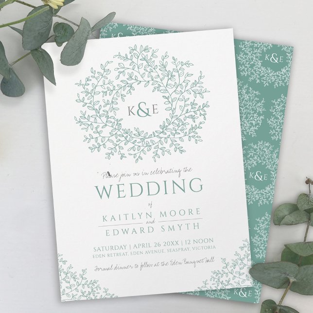 Convites Casamento com cinza verde de monograma desenhado (Criador carregado)