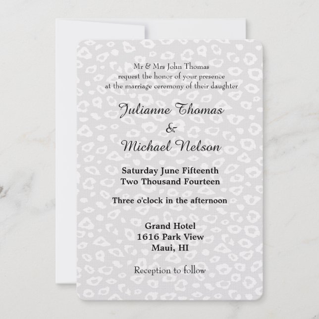 Convites Casamento com cinzas e Leopardo Branco (Frente)