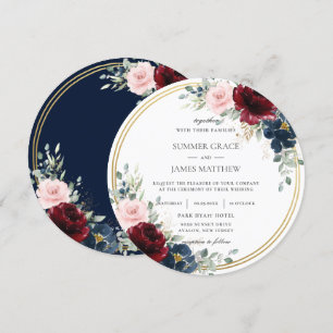 Convites Casamento com Círculo Dourado Floral Azul Blush A