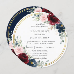 Convites Casamento com Círculo Dourado Floral Azul Blush Az