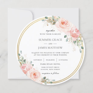 Convites Casamento com Círculo Dourado Floral Rosa-Elegant