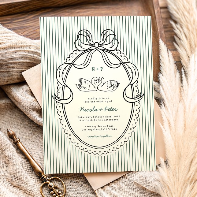 Convites Casamento com Cisne Desenhado à Mão Vintage e List (Criador carregado)