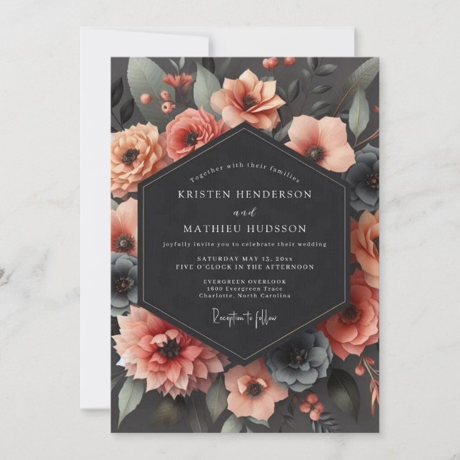 Convites Casamento com Claro-Escuro de Coral de Carvão (Frente)
