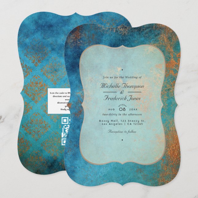 Convites Casamento com Códico QR de Grunge Cobre Patina e T (Frente/Verso)
