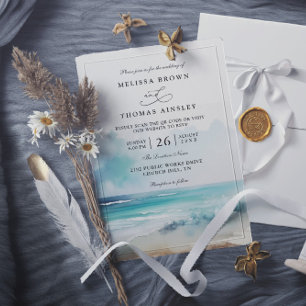 Convites Casamento com Código QR à Beira-Mar com Aquarela M