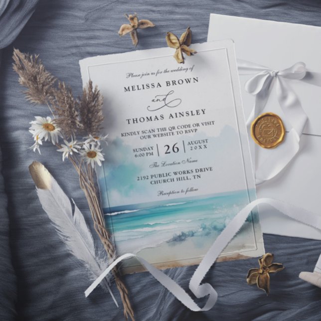 Convites Casamento com Código QR à Beira-Mar com Aquarela M (Criador carregado)