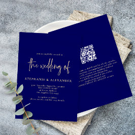Convites Casamento com Código QR Azul do Marinho de Script 