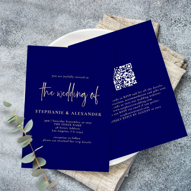 Convites Casamento com Código QR Azul do Marinho de Script  (Criador carregado)