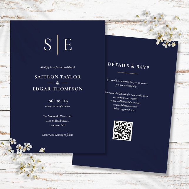 Convites Casamento com Código QR Azul e Dourado do Marinho  (Monogram Navy Blue And Gold QR Code Wedding Invitation)