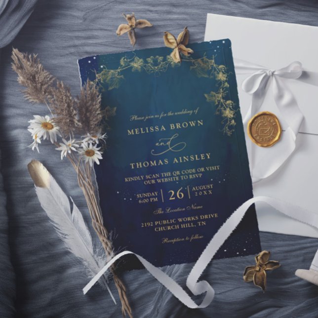 Convites Casamento com Código QR Azul Marinho e Verde Encan (Criador carregado)