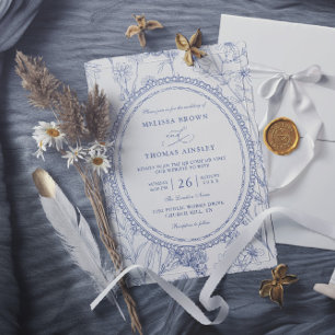 Convites Casamento com Código QR Azul Vintage Elegante Chic