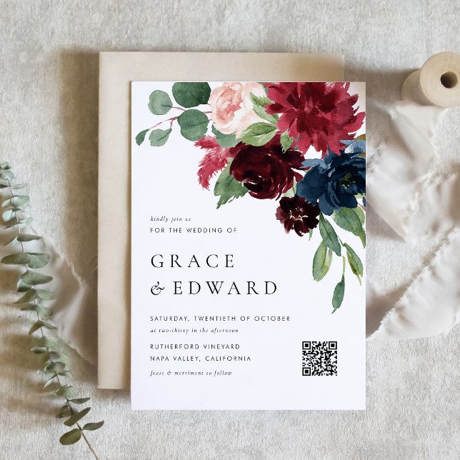 Convites Casamento com Código QR Botânico em Borgonha e Azu (A botanical QR code wedding invitation featuring watercolor burgundy and navy blue flowers. )