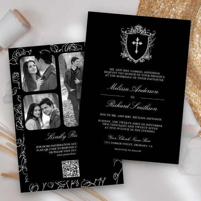 Convites Casamento com Código QR Católico Preto Vitoriano (Criador carregado)