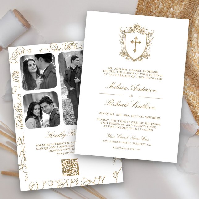 Convites Casamento com Código QR Católico Vitoriano Branco  (Criador carregado)