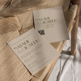 Convites Casamento com Código QR Chique em Verde Oliva Retr