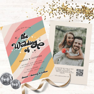 Convites Casamento com Código QR Colorido Retroativo 70s