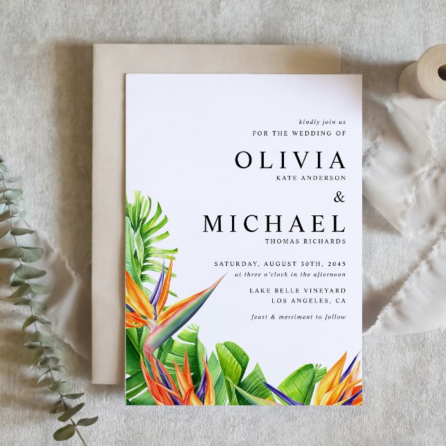 Convites Casamento com Código QR das Aves Aquáticas do Para (Watercolor Birds of Paradise QR Code Tropical Wedding Invitation)