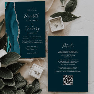 Convites Casamento com Código QR de Agata Azul-Teal Moderno