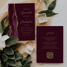 Casamento com Código QR de Agate Dourado Burgundy