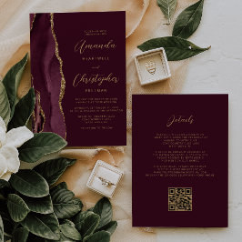 Convites Casamento com Código QR de Agate Dourado Burgundy