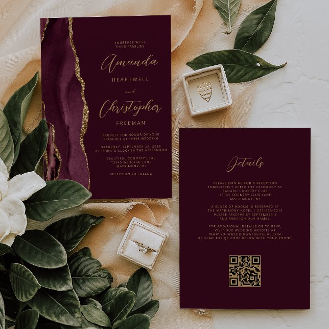 Convites Casamento com Código QR de Agate Dourado Burgundy (Criador carregado)