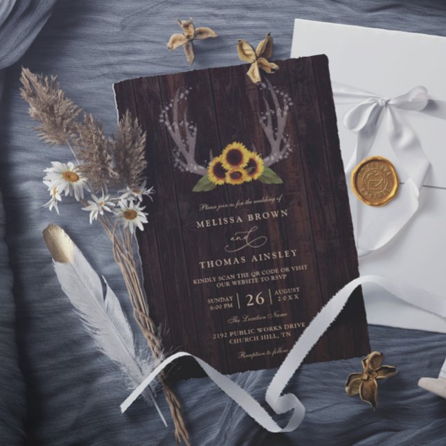 Convites Casamento com Código QR de Antílope e Girassóis no (Criador carregado)