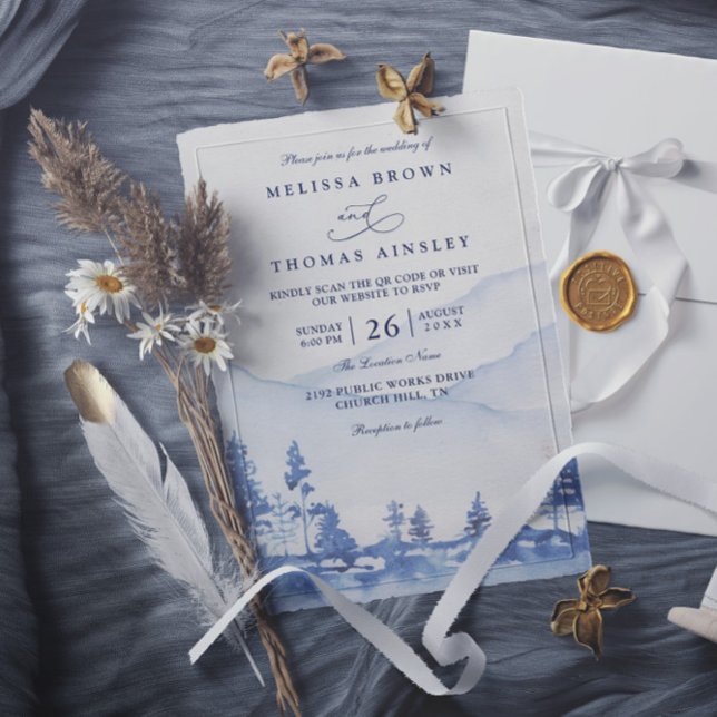 Convites Casamento com Código QR de Aquarela da Montanha Az (Criador carregado)