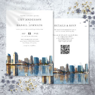 Convites Casamento com Código QR de Aquarela da Silhueta de
