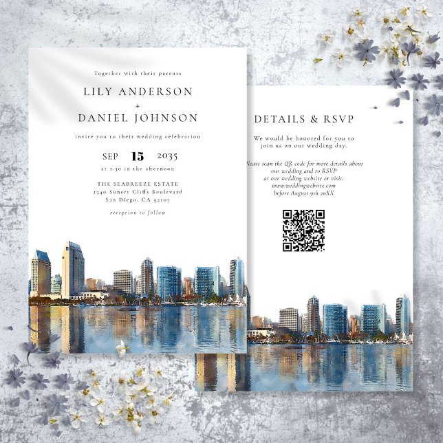Convites Casamento com Código QR de Aquarela da Silhueta de (San Diego Skyline Watercolor QR Code Wedding Invitation)