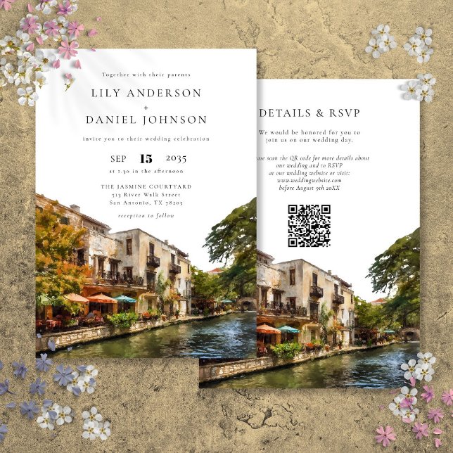 Convites Casamento com Código QR de Aquarela de San Antonio (San Antonio Watercolor QR Code Wedding Invitation)