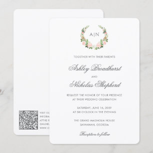 Convites Casamento com Código QR de Brasão Floral em Aquare