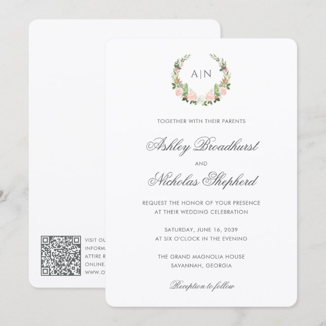Convites Casamento com Código QR de Brasão Floral em Aquare (Frente/Verso)