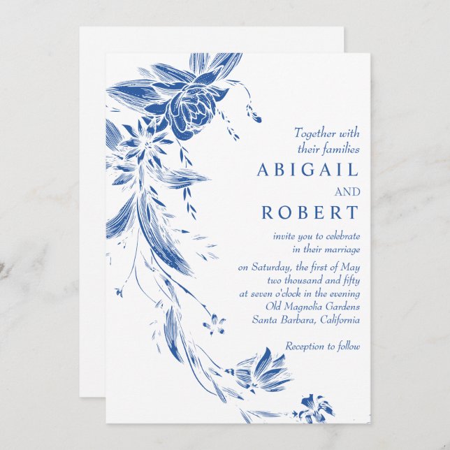 Convites Casamento com código QR de cobalto azul-floral (Frente/Verso)