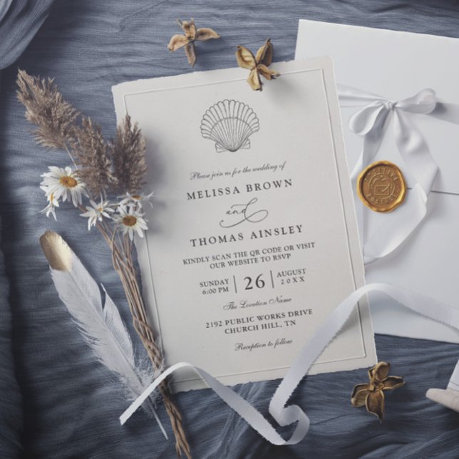 Convites Casamento com Código QR de Concha de Praia do Ocea (Criador carregado)