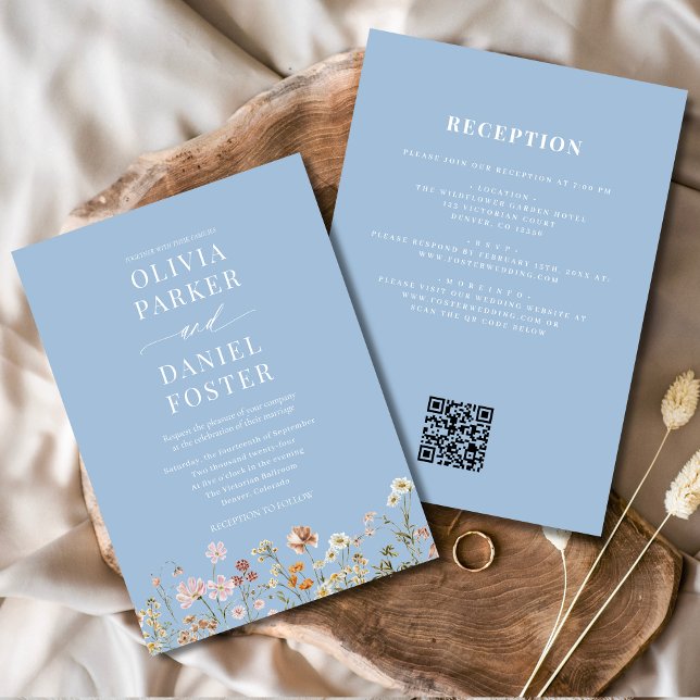 Convites Casamento com código QR de flor selvagem azul empo (Criador carregado)