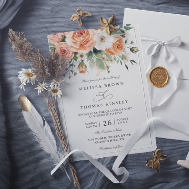 Convites Casamento com Código QR de Flores Brancas e Bege B (Criador carregado)