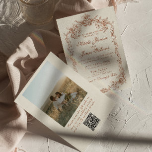 Convites Casamento com Código QR de Foto Antiga Laranja Que