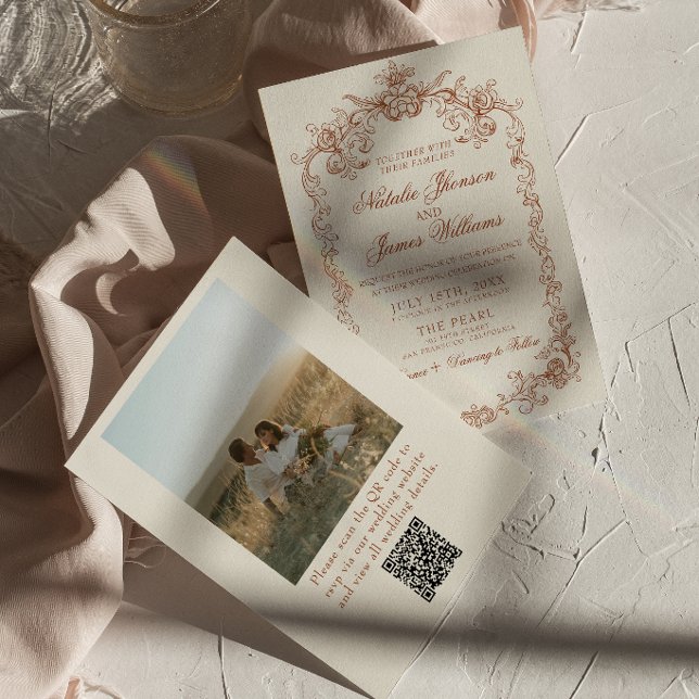 Convites Casamento com Código QR de Foto Antiga Laranja Que (Criador carregado)