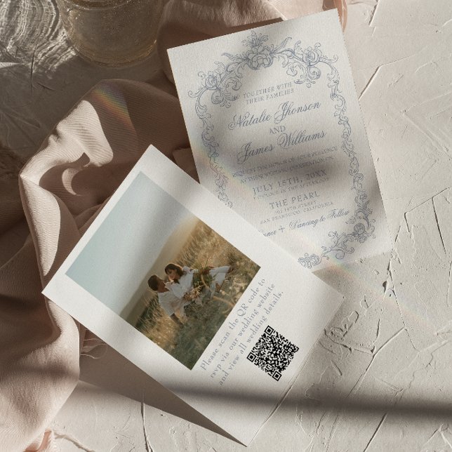Convites Casamento com Código QR de Foto Azul Empoeirado An (Criador carregado)