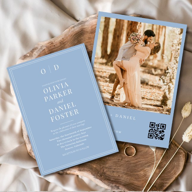 Convites Casamento com Código QR de Foto Azul Moderno Dusty (Criador carregado)