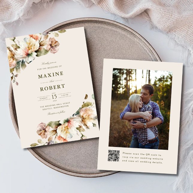 Convites Casamento com Código QR de Foto Botânica Floral El (Elegant floral botanical QR code photo wedding invitation with soft floral elegance.)