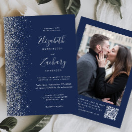 Convites Casamento com Código QR de Foto Brilho Azul Marinh