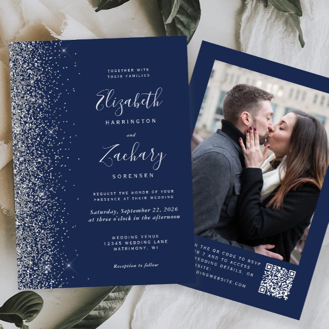 Convites Casamento com Código QR de Foto Brilho Azul Marinh (Criador carregado)