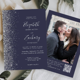 Convites Casamento com Código QR de Foto Brilho Prata Azul